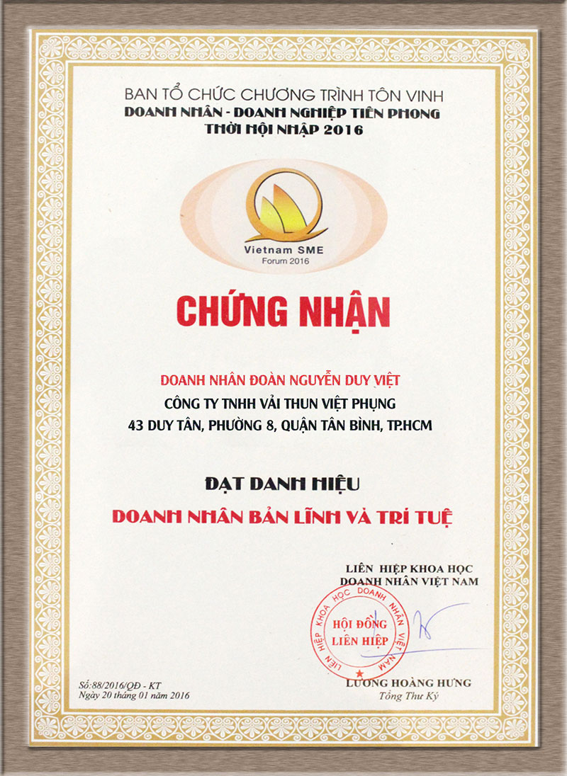 Giải thưởng Doanh nhân bản lĩnh và trí tuệ - Vải Thun Việt Phụng - Công Ty TNHH Thụy Kim